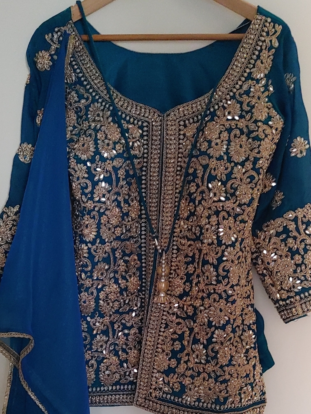 Teal Embroidered Kurta with Gold Sequins